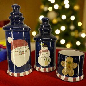 LAURIE GATES -- Christmas Canisters 3 Pc, Holiday Decor, Santa, Snowman, GBread